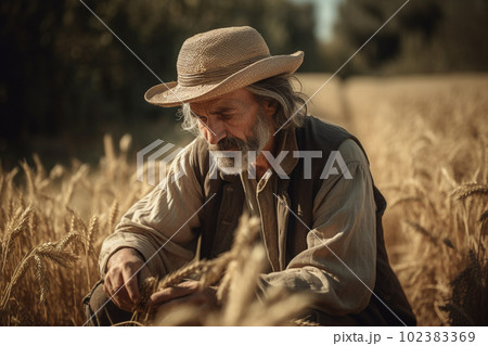 Aged farmer in hat on ripe wheat field with gold ears. Harvesting time at farmlands. Generative AI 102383369
