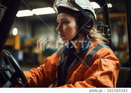 Portrait of a woman working with a forklift in a warehouse. Generative AI Portrait of a woman working with a forklift in a warehouse. Generative AI 102383383