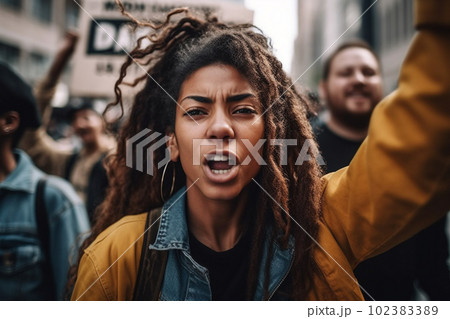 Woman activist screaming in protest with a group of protestors during a strike. AI generative  102383389