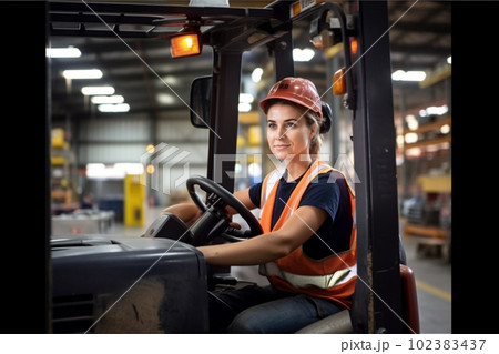 Portrait of smiling woman working with a forklift in a warehouse. Generative AI 102383437