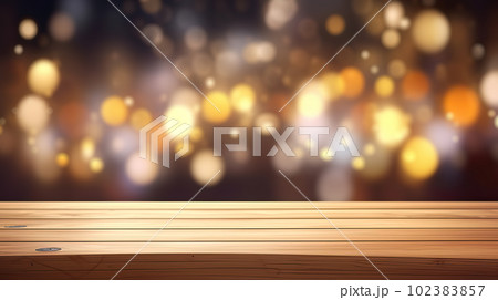 Empty wooden table top on blurred abstract bright bokeh background. Empty wooden table top on blurred abstract bright bokeh background. 102383857