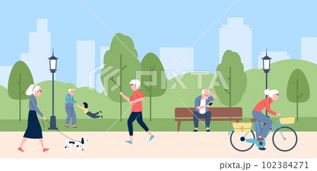 Elderly people walking in park. Senior person activity, healthy lifestyle on retirement. Outdoor time with dog or kids, recent vector nature scene 102384271
