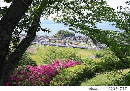 中海沿いを走る特急やくも号を古代出雲王陵の丘公園から眺めた構図（絵画風） 102384757