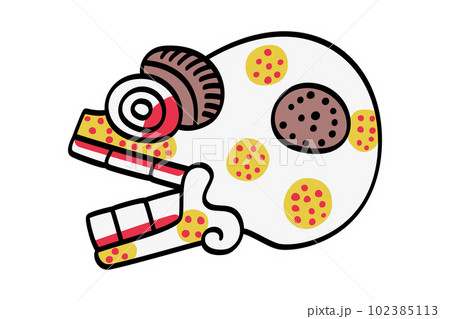 Flaking skull with mouth wide open, Aztec symbol for death, and called Miquiztli in the Nahuatl language. One of the 20 day calendar signs, used by the Mixtecs, representing Death and direction North. 102385113