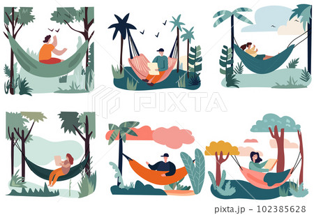 Individuals unwinding and resting in hammocks during a summertime getaway. Engaging in leisure activities such as reading, or working while suspended in cozy swings, surrounded by natures beauty Individuals unwinding and resting in hammocks during a summertime getaway. Engaging in leisure activities such as reading, or working while suspended in cozy swings, surrounded by natures beauty 102385628