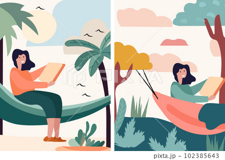 People reclining in coastal hammocks, savoring sunny and read books and alfresco . Delighting in downtime or maintaining efficiency while nestled in snug suspended seats. Vector 102385643