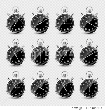 Realistic classic stopwatch. Shiny metal chronometer, time counter with dial. Countdown timer showing minutes and seconds. Time measurement for sport, start and finish. Vector illustration 102385964
