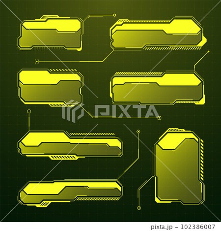 Yellow futuristic HUD, UI elements. Sci-fi user interface text boxes, callouts. Warning message frames, information boxes template. Modern game interface layout in digital style. Vector illustration Yellow futuristic HUD, UI elements. Sci-fi user interface text boxes, callouts. Warning message frames, information boxes template. Modern game interface layout in digital style. Vector illustration 102386007