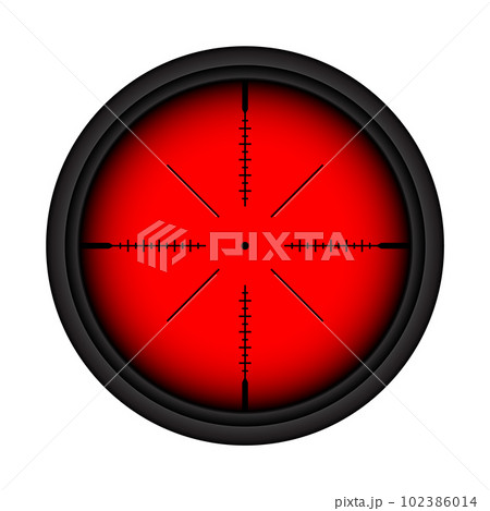 Various weapon thermal infrared sight, sniper rifle optical scope. Hunting gun viewfinder with crosshair. Aim, shooting mark symbol. Military target sign. Game UI element. Vector illustration 102386014
