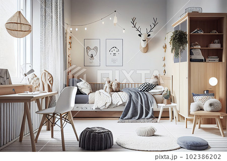 Scandinavian interior design of playroom with wooden cabinet, armchairs, Spacious child room with window, play tent, sack chair, poster mockup, Generative AI 102386202