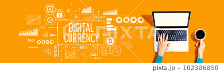 Digital currency theme with person using a laptop 102386850