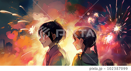 Digital painting of a man and a woman standing in front of fireworks. Generative AI Digital painting of a man and a woman standing in front of fireworks. Generative AI 102387099