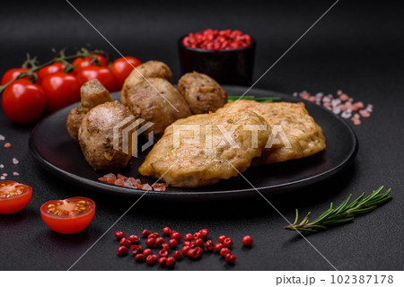 Delicious fried chopped fillet pancakes with spices, salt and herbs 102387178