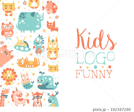Banner with Funny Kids Fantastic Animal Character Vector Template 102387280