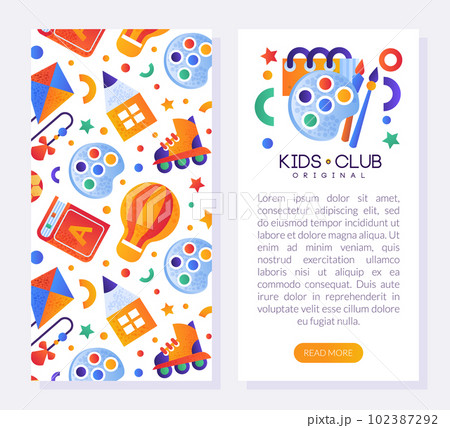 Kids Land Club Web Banner with Bright Toy and Childish Entertainment Objects for Playing Vector Template Kids Land Club Web Banner with Bright Toy and Childish Entertainment Objects for Playing Vector Template 102387292
