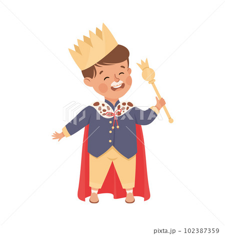 Little Boy Actor in Theater Costume of King with Crown and Mantle Showing Performance Vector Illustration 102387359