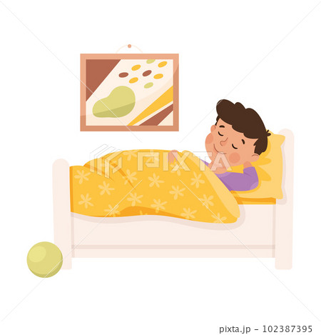 Little Boy Sleeping in His Bed Under Blanket Having Night Rest Vector Illustration 102387395