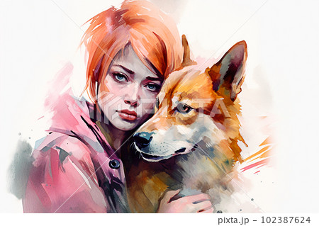 Beautiful girl with dog. Digital watercolor painting on canvas. Generative AI Beautiful girl with dog. Digital watercolor painting on canvas. Generative AI 102387624