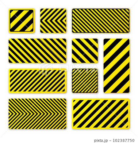Various black and yellow warning signs with diagonal lines. Attention, danger or caution sign, construction site signage. Realistic notice signboard, warning banner, road shield. Vector illustration Various black and yellow warning signs with diagonal lines. Attention, danger or caution sign, construction site signage. Realistic notice signboard, warning banner, road shield. Vector illustration 102387750