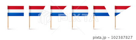 Realistic various Dutch toothpick flags. Souvenir from Netherlands. Wooden toothpicks with paper flag. Location mark, map pointer. Blank mockup for advertising and promotions. Vector illustration 102387827
