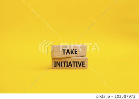 Take initiative symbol. Wooden blocks with words Take initiative. Beautiful yellow background. Business and Take initiative concept. Copy space. 102387972