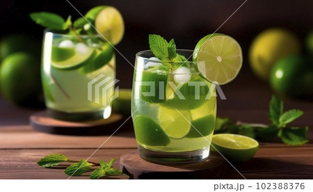 A glass of mojito and lemon. Table, fruit, professional background 102388376