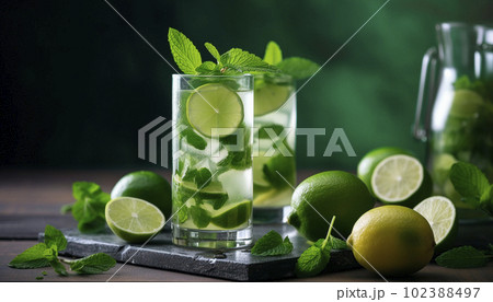 summer background with glasses of mojito and lime summer background with glasses of mojito and lime 102388497