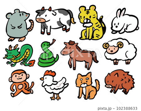 かわいい手描き風の干支のイラストセット 102388633