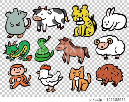 かわいい手描き風の干支のイラストセット 102388633