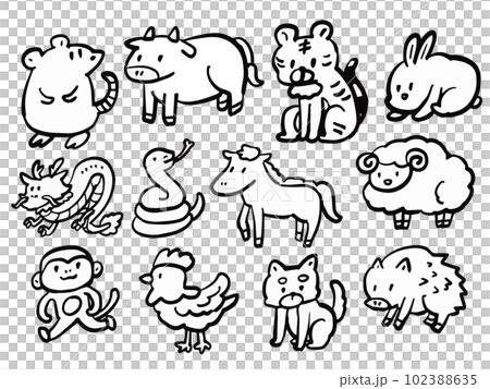 かわいい手描き風の干支の単色イラストセット 102388635