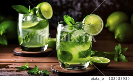 A glass of mojito and lemon. Table, fruit, professional background 102388939