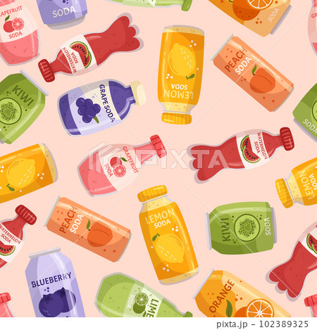 Seamless Pattern With Lemonade Bottles Is A Vibrant Design, Tile Background Featuring Various Sizes And Shapes 102389325