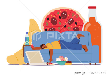 Obese Male Character Fall Asleep After Eating Much Fast Food. His Stomach Bloated And Body Lethargic Obese Male Character Fall Asleep After Eating Much Fast Food. His Stomach Bloated And Body Lethargic 102389360