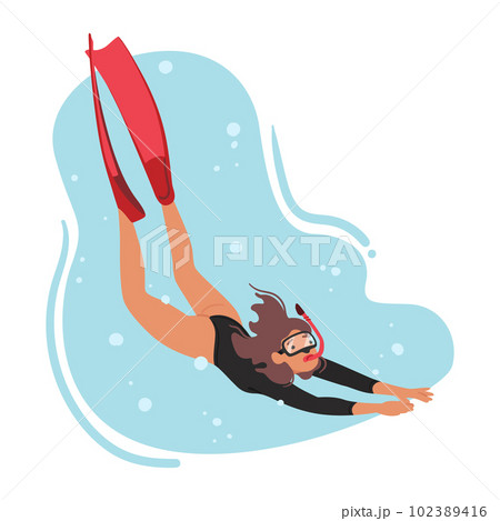 Swimmer Female Character Dives Into The Water With Grace And Precision. Young Athletic Woman Plunges Into The Water Swimmer Female Character Dives Into The Water With Grace And Precision. Young Athletic Woman Plunges Into The Water 102389416