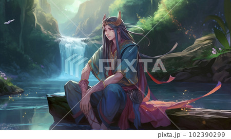 Anime character on the background of forest river Anime character on the background of forest river 102390299