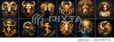 Set of Zodiac signs, golden series of astrological symbols for horoscope theme, generative AI 102390751