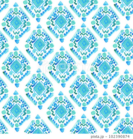 Cute watercolor pattern with blue abstract rhombus shapes. Bright watercolour turquoise ikat ornament for kids textile, wrapping paper, wallpaper, surface design, background 102390874