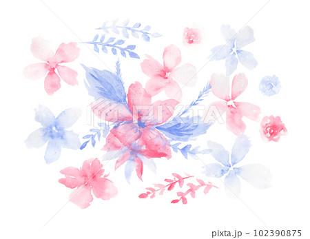 Delicate watercolor pink and violet floral composition with daisy flowers. Colorful tender painting floral bouquet for invitation, wedding or greeting cards design, sticker, banner decor 102390875