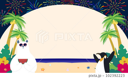 南国で花火を楽しむシロクマとペンギンで飾られた夏旅応援キャンペーン背景テンプレート 南国で花火を楽しむシロクマとペンギンで飾られた夏旅応援キャンペーン背景テンプレート 102392223