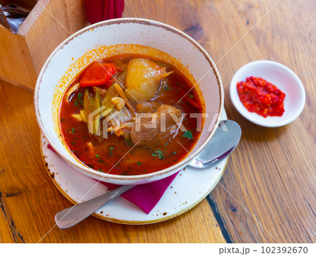 Uigur soup lagman with meat and vegetables 102392670