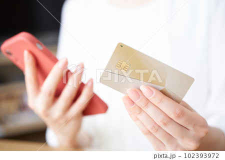 クレジットカードとスマートフォンを持つ女性の手元 クレジットカードとスマートフォンを持つ女性の手元 102393972