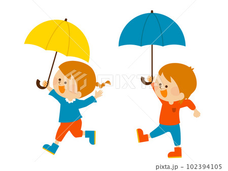 梅雨　傘をさす男の子と女の子のイラスト素材 102394105