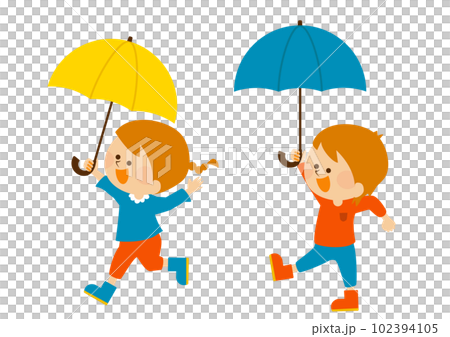 梅雨　傘をさす男の子と女の子のイラスト素材 102394105