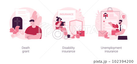 Social financial support abstract concept vector illustration set. Death grant, disability insurance, unemployment insurance, lost job, paper work, workers compensation, payment abstract metaphor. 102394200