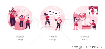 Summer vacation camps abstract concept vector illustration set. Musical, theatre and science camp, playing instrument, drama school, laboratory experiment, young talent, lessons abstract metaphor. 102394207