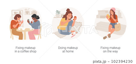 Fixing makeup isolated cartoon vector illustration set. Teenage girls put on makeup in coffee shop, applying cosmetics, looking in mirror, painting lips on the way, stylish teen vector cartoon. Fixing makeup isolated cartoon vector illustration set. Teenage girls put on makeup in coffee shop, applying cosmetics, looking in mirror, painting lips on the way, stylish teen vector cartoon. 102394230