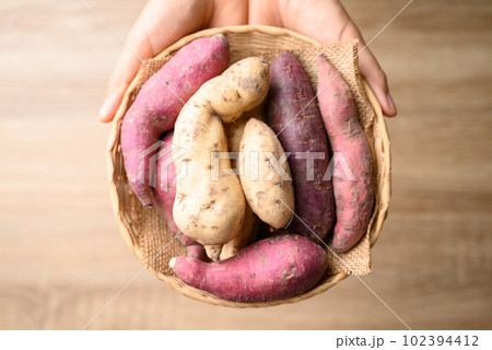Organic Asian sweet potatoes in basket with hand Organic Asian sweet potatoes in basket with hand 102394412