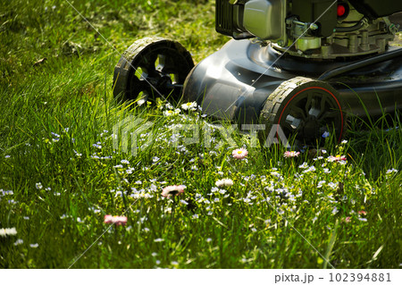 Yard maintenance concept with lawn mower Yard maintenance concept with lawn mower 102394881