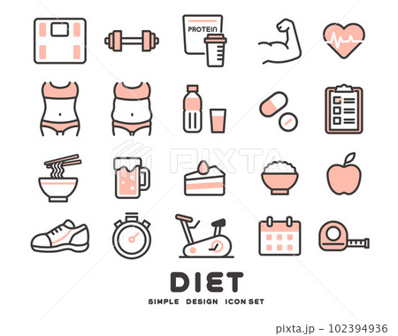 ダイエットに関するシンプルなアイコンのベクターイラスト素材／筋トレ／食事制限 102394936