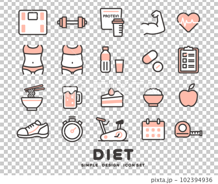 ダイエットに関するシンプルなアイコンのベクターイラスト素材／筋トレ／食事制限 102394936